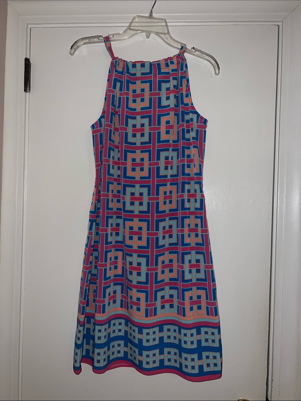 crown & ivy Blue and Pink Geometric Halter Dress